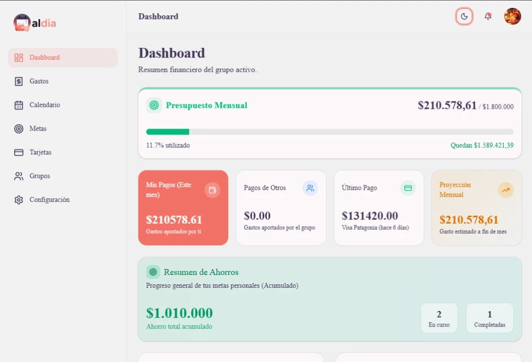 AlDía SaaS financial management platform dashboard.